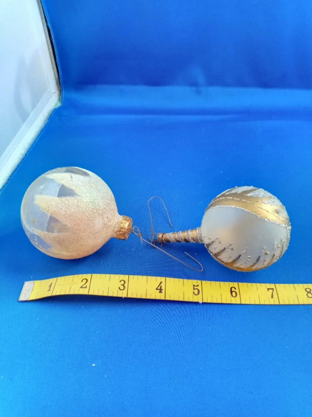 5 vintage glass with hand painted glitter Christmas  ornaments in box